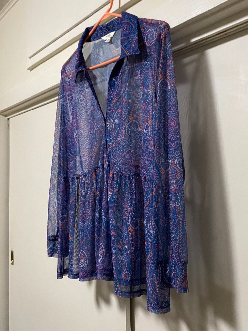A LITTLE DARING! Terra & Sky, purple multi-design button-down blouse, size 1X